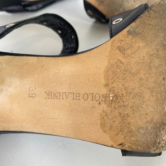 Manolo Blahnik Black Strappy Leather Heels with Silver Grommet Details - Picture 6 of 7